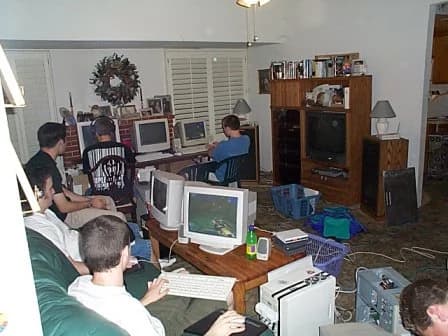 LAN party in a living room, late 90s